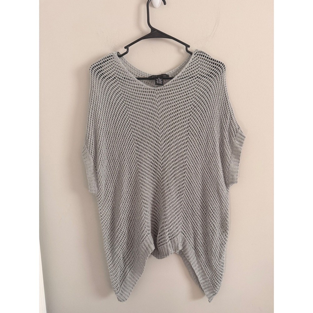 BCBGMAXAZRIA Sweater Top Womens Medium Silver Metallic Open Knit Sharkbite Hem